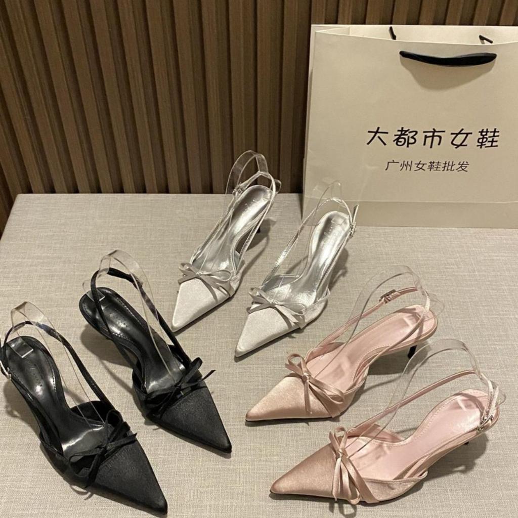 2025 new French elegant fairy gentle bow pointed sandals thin heel empty bag head buckle with high heels