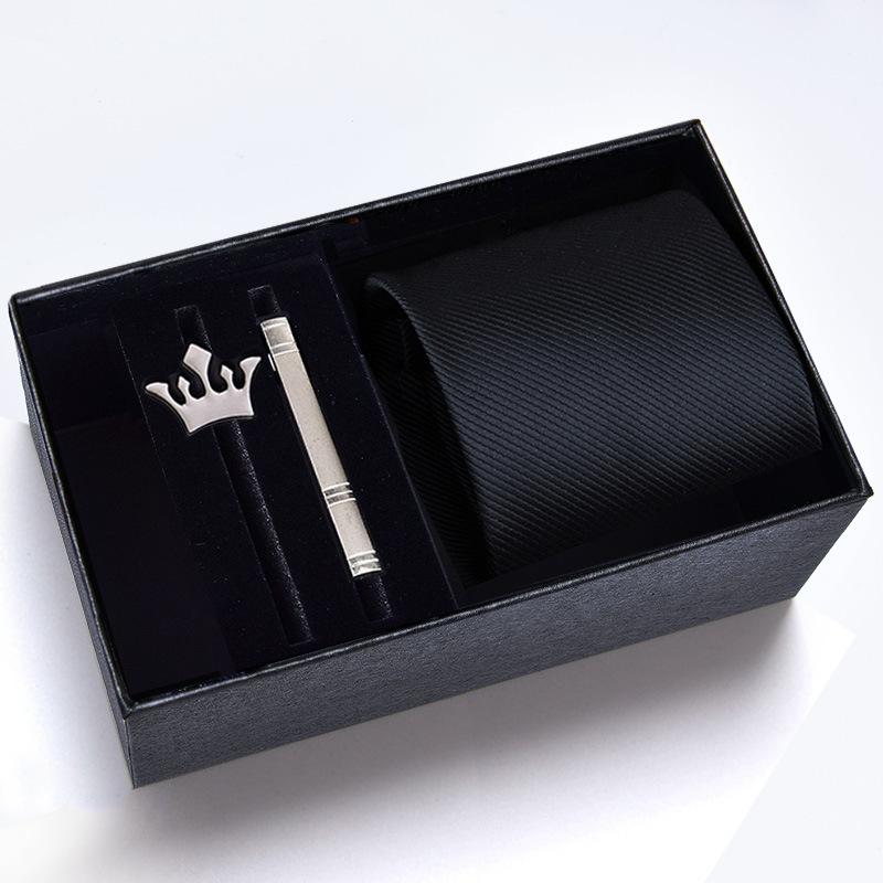 Gift Box Men'S Tie Four-Piece Set, Can Add Formal Business 8Cm Striped Black Wedding Groom