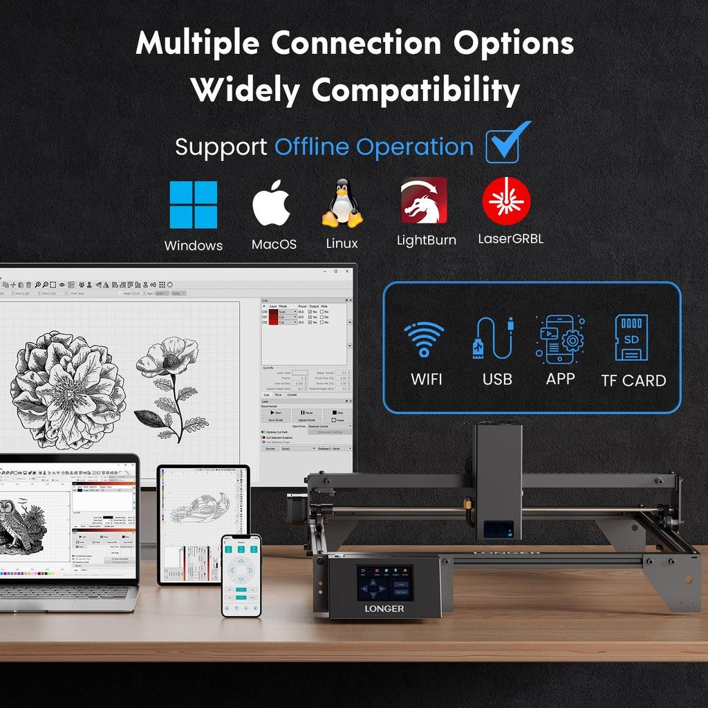 Longer RAY5 20W Laser Engraver 30mm Focal Range 375 x 375mm Working Area 32 Bit Chipset 3.5" Touch Screen