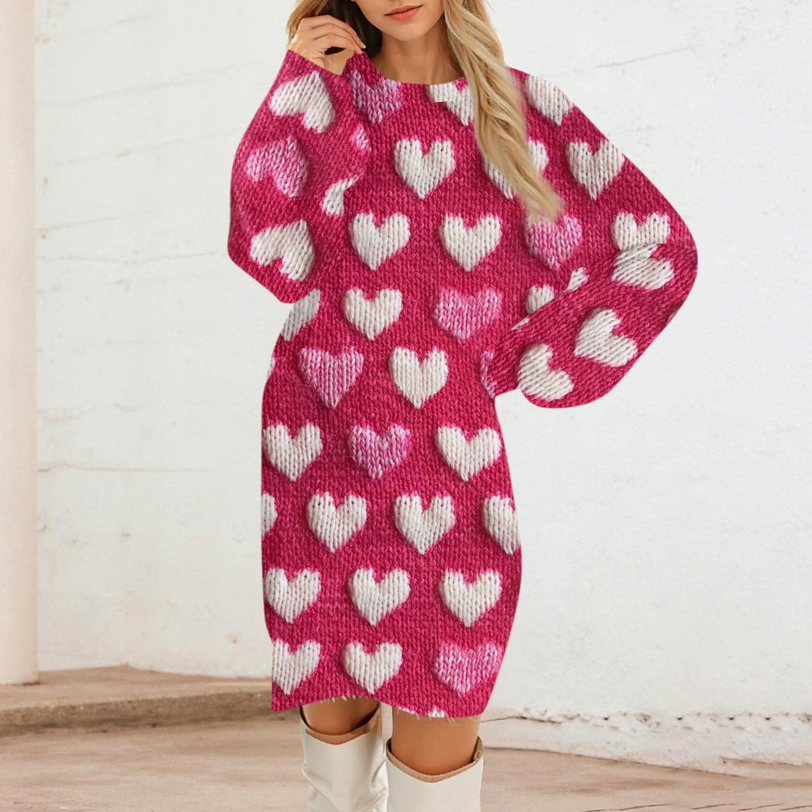 

Women s Round Neck Casual Long Sleeve Plush Valentine s Day Printed Dresses M винний