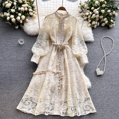 Autumn Beige Lace Midi Beach Holiday Boho Dress Women Vintage Lantern Long Sleeve Single Breasted A-Line Party Robe Female Casual Vestidos