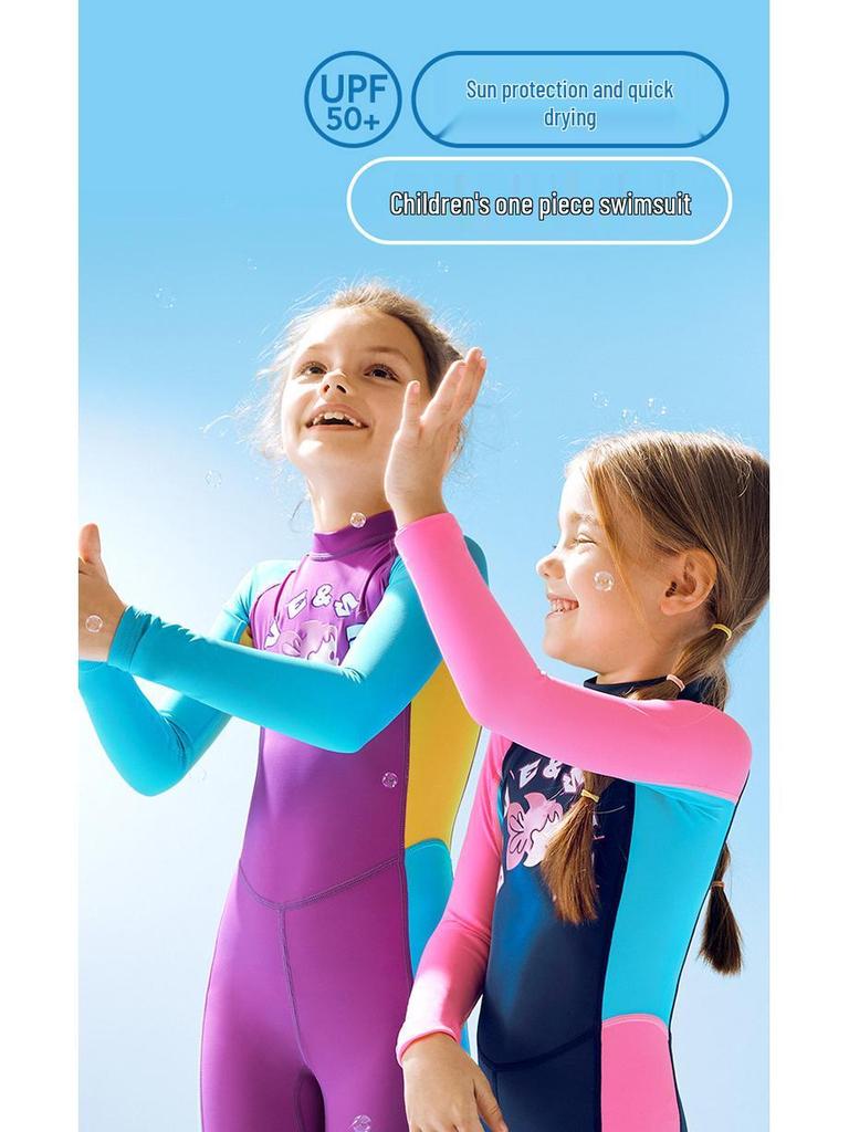 Girls' Long-Sleeve One-Piece Swimsuit - Sunscreen, Quick-Drying, Breathable for Swimming & Diving
