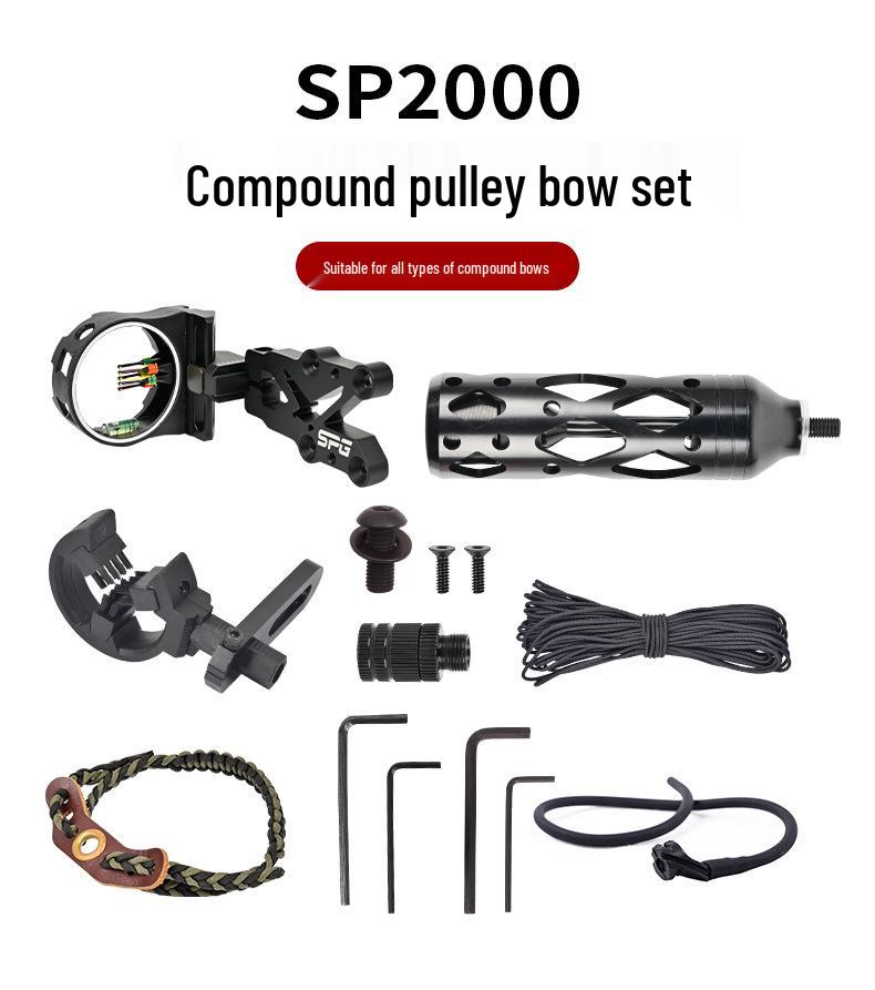 SP2000 Compound Bow Accessories: Shock Absorber, Five-Pin Sight, Whisker Biscuit Arrow Rest, Wrist Sling.