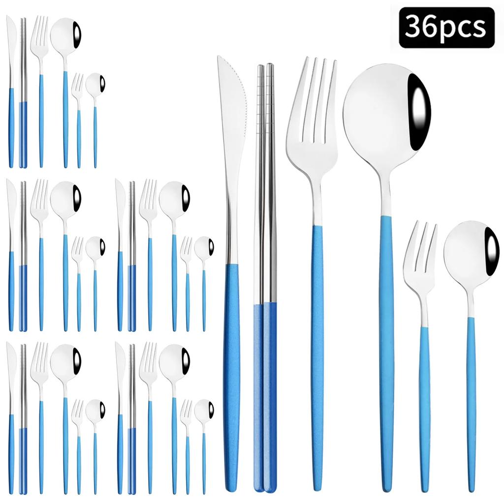 36 ks Černozlatá sada příborů Nůž Vidlička Lžíce Hůlky Sada nádobí Nerezové ocelové dortové vidličky Čajové lžičky Stolní nádobí Příbory