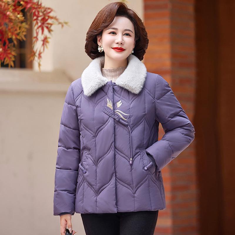 Cotton jacket women's short plush lapel embroidered buckle middle-aged and elderly temperament is versatile, lined with fleece cold clothing