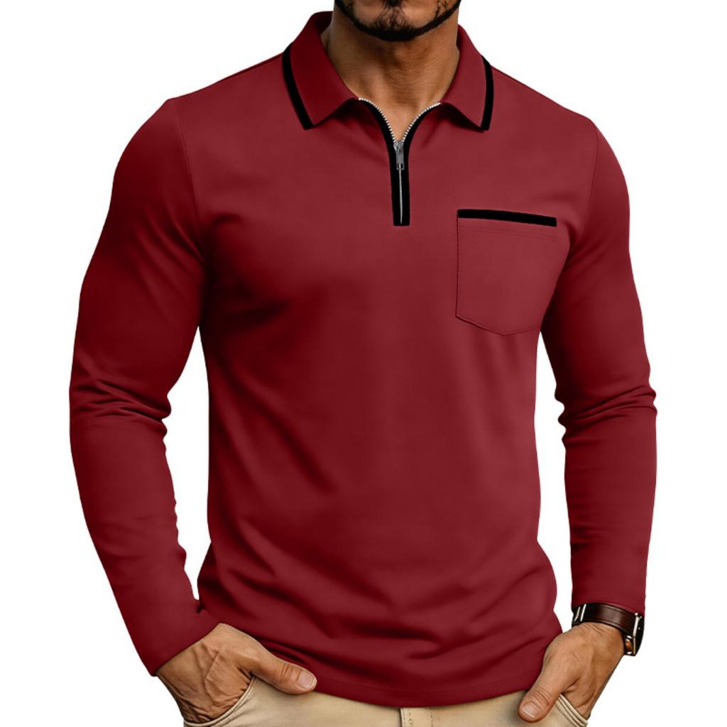 Men Long Sleeve Polo Shirt Zipper Collar Casual Slim Fit Top with Patch Pocket and Contrast Trim for Daily Wear