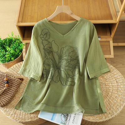 DIMANAF 2026 Women Plus Size New Summer Blouse Shirt Short Sleeve Casual Loose Lady Tops Shirts Linen Embroidery