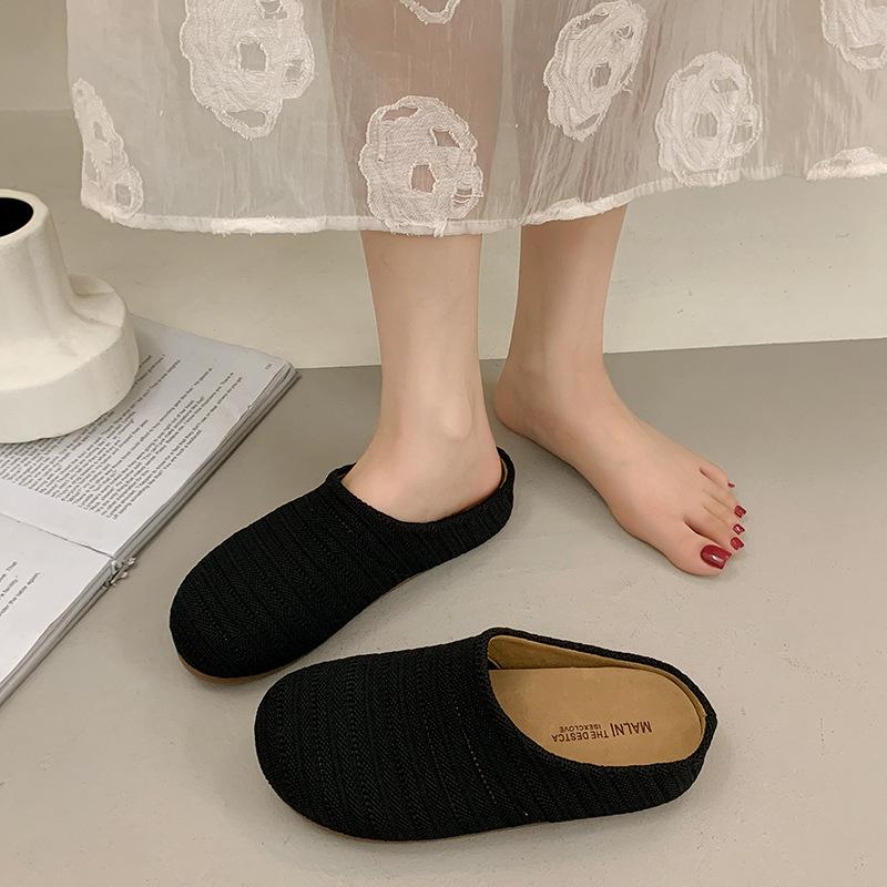 2025 New Summer Foreign-style Woven Hollow Baotou Half Slippers Women's Breathable Seaside Beach Going Out Boken Shoes