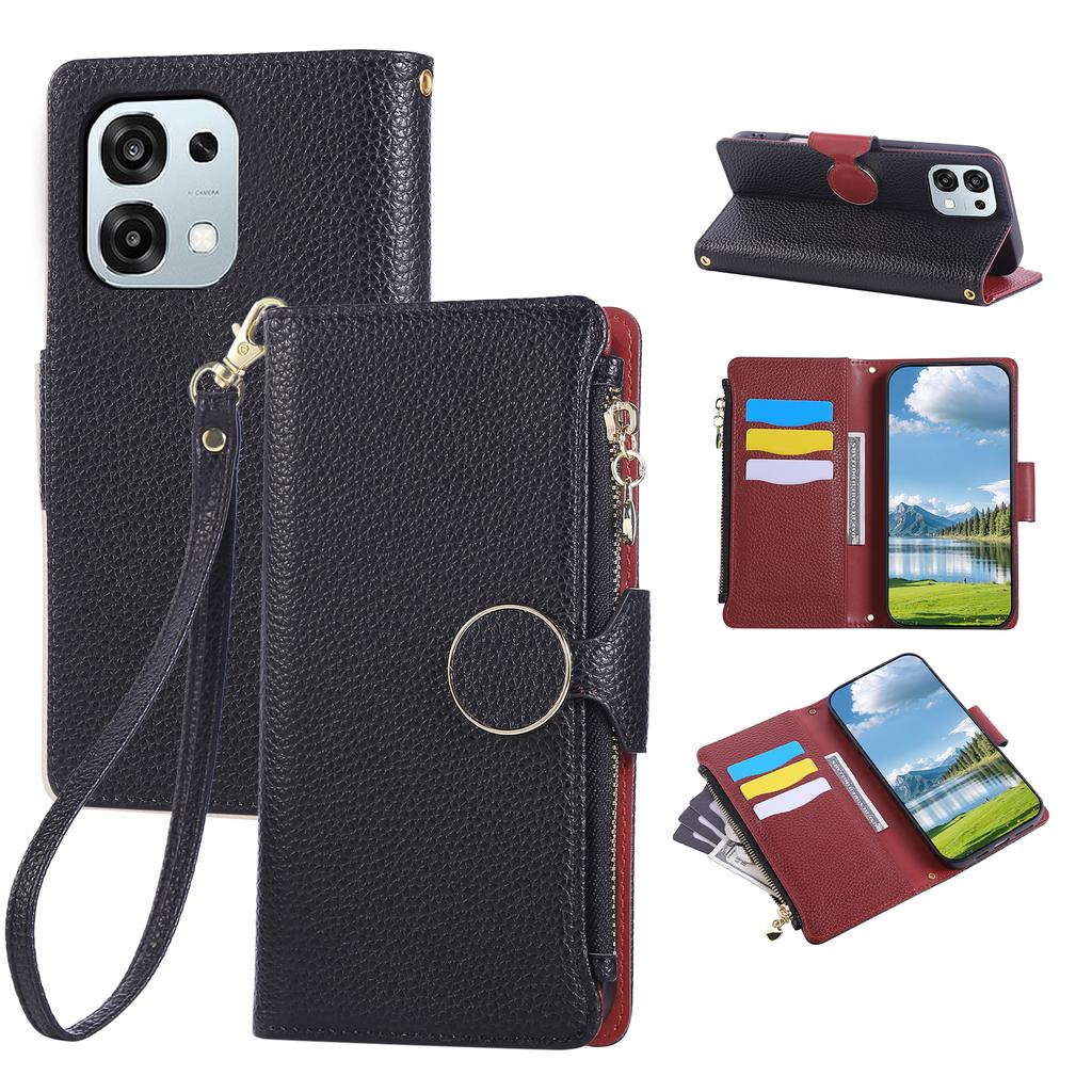 Etui portfelowe z zamkiem błyskawicznym ze skóry do Oppo A6 Pro 5G z paskiem na nadgarstek