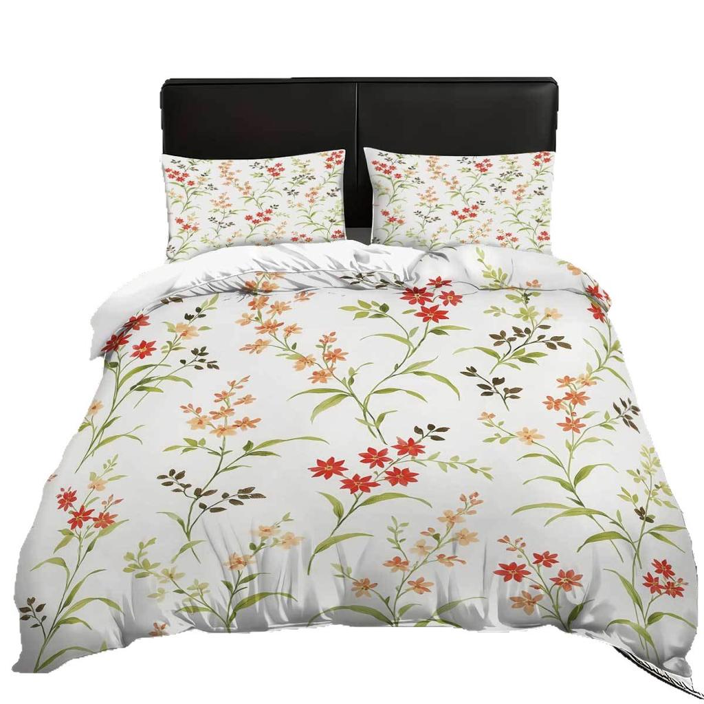 Safflower Green Leaf Quilt Cover Three-Piece Small Fresh Quilt Cover Pillowcase Digital Printing Bed Kit