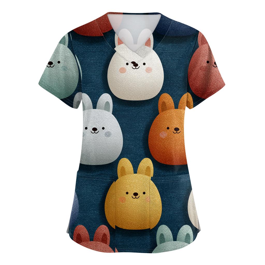 Women's Fashion V-Neck Short-Sleeved Workwear With Pockets Easter Print Top Caregiver Uniform
