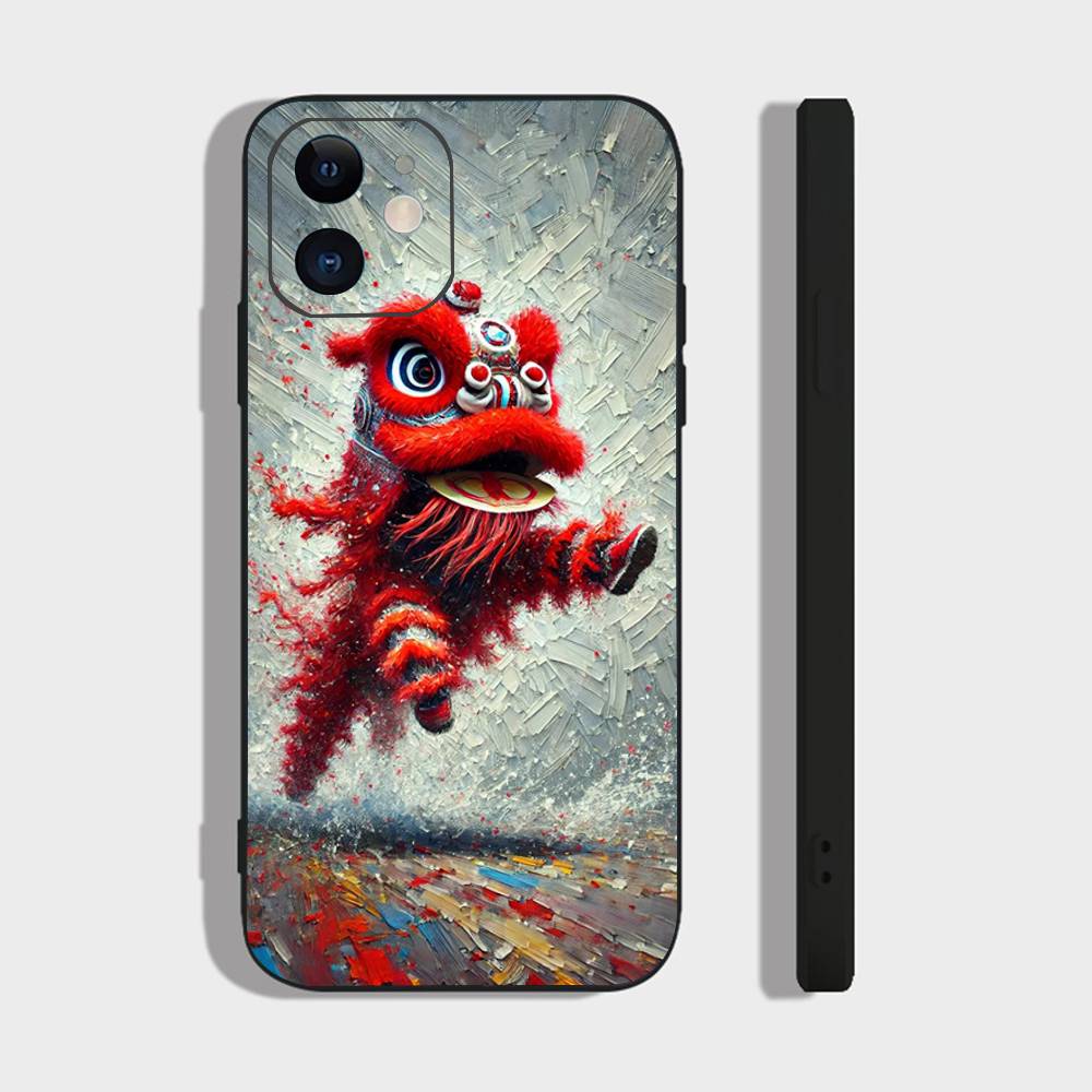 

Lion Dance Phone Case For IPhone 17 Air 16 15 14 13 Pro Max 11 12 Black Silicone Cover IPHONE 14PRO