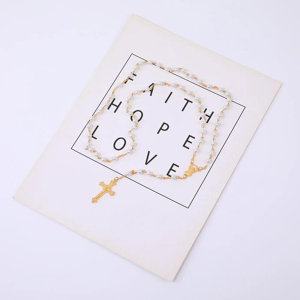 Religieuze Rozenkrans Ketting Voor Vrouwen 6MM Witte Imitatie Parels Lange Ketting Kruisbeeld Kruis Hanger Gebed Feest Sieraden Cadeau