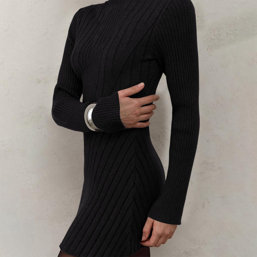 Women's Long-Sleeve Half-High Neck Elegant Playful A-Line Knit  Dress