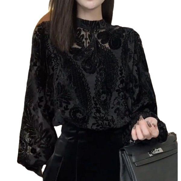 Lace Flocked Top for Women Spring Autumn Fishnet Sculptural Long Sleeve Shirt Front and Back