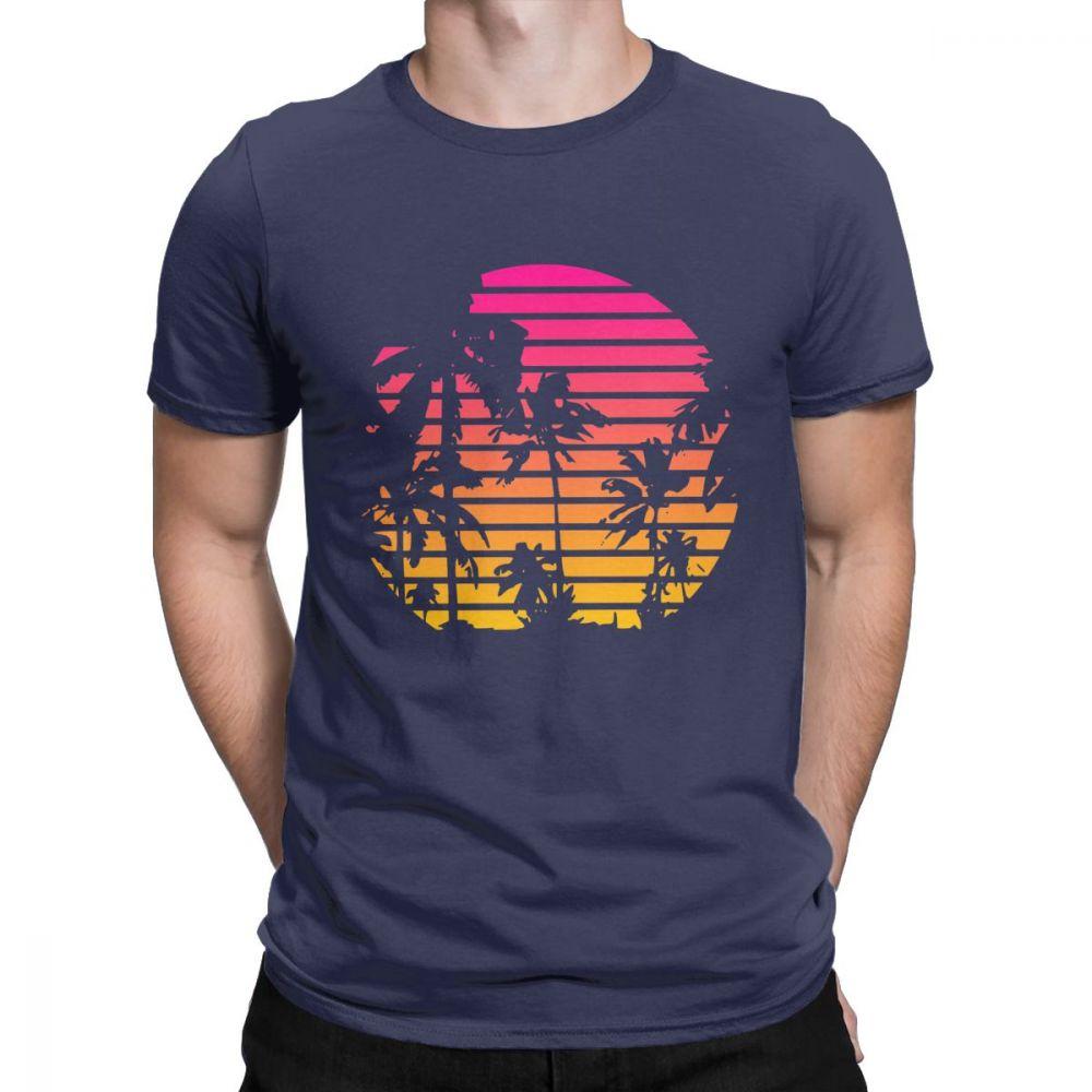 Sunset Palm Tree Vintage Tee Shirt 80s Synthwave Clothes Vaporwave T Shirt Mens TShirts Japanese Colors Streetwear