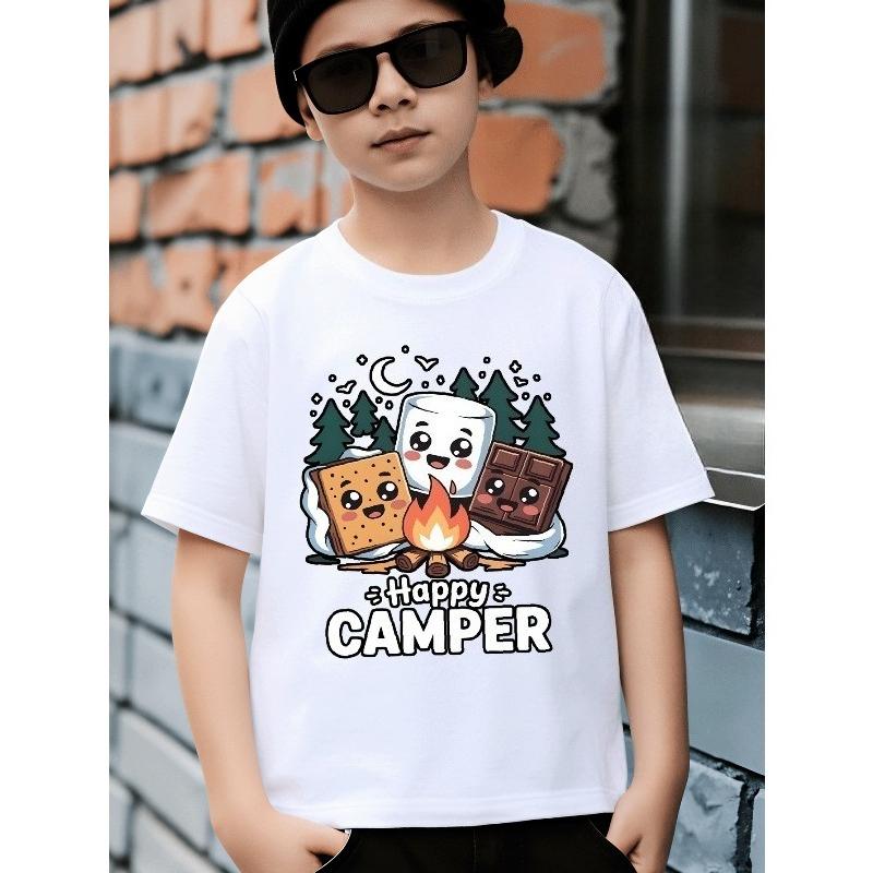 European sizes Boys' T-Shirt Happy Camper Marshmallow S' Mores Fire, Ideal for Outdoor Activities, Soft Knitted Top, Comfortable And Breathable