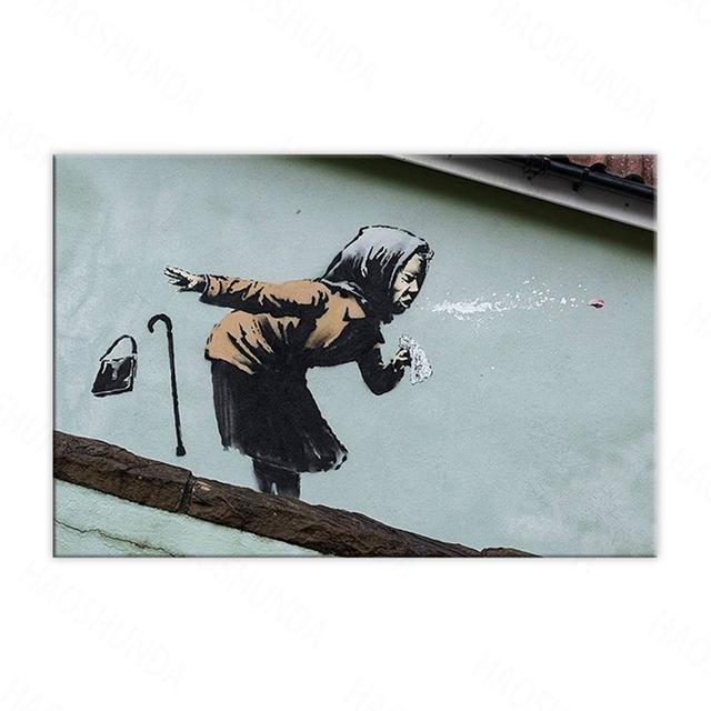 

Картина на холсте HD с принтом Бэнкси, новая уличная художественная работа «Aachoo», старуха, чихающая, украшение для дома с рамкой 20*40cm