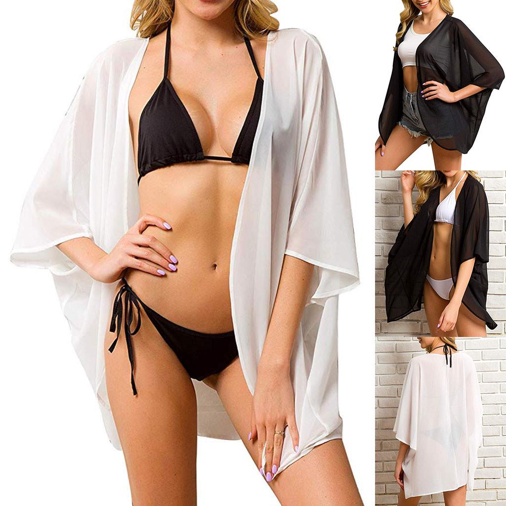 Buy Women Beach Tops Solid Swimwear Cardigan Swimsuit Bikini Cover Up