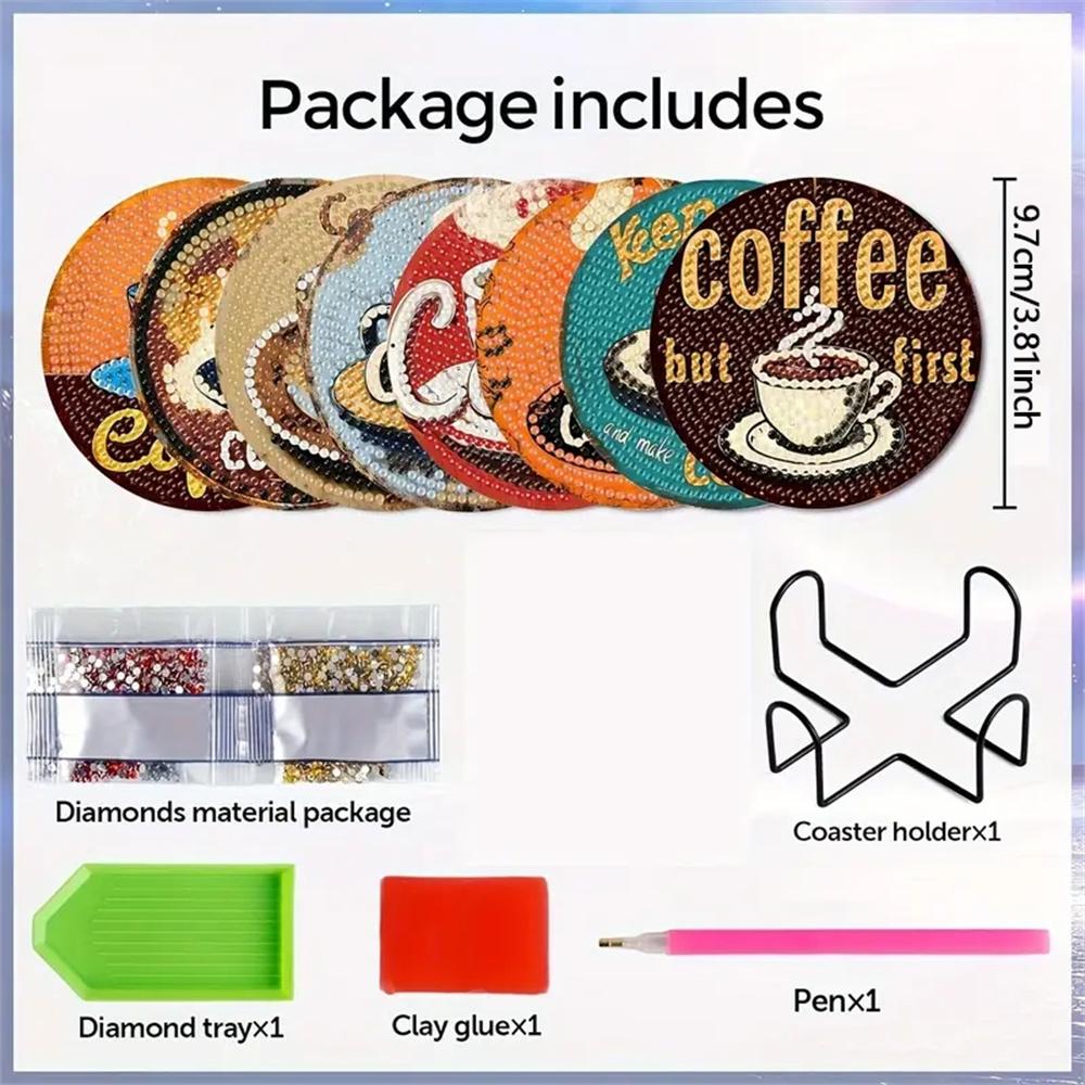 8 Pieces/set of Diamond Painted Coffee Cup Patterned coasters,DIY Coasters with Holder,suitable for Beginners and Adults, Art and Craft Supplies Gifts