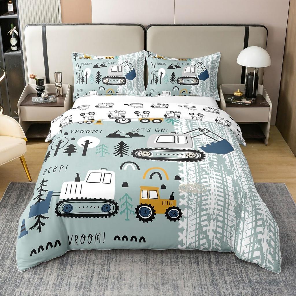 Cartoon Camping Excavator Duvet Cover Set King Size Luxury Truck Bedding Set Camping Essentials 3 Piece Set With 2 Pillowcases