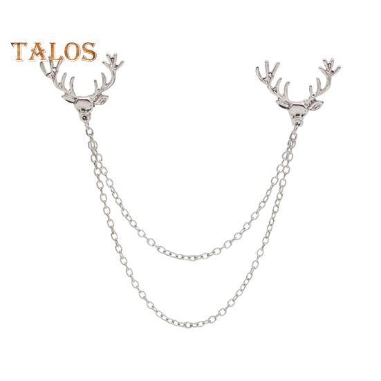 Men Lapel Pin Antler Decor Double Chains Anti-slip Dress-up Polished Suit Coat Collar Pin Coat Brooch Adult Clothes Hats Bags Jewelry