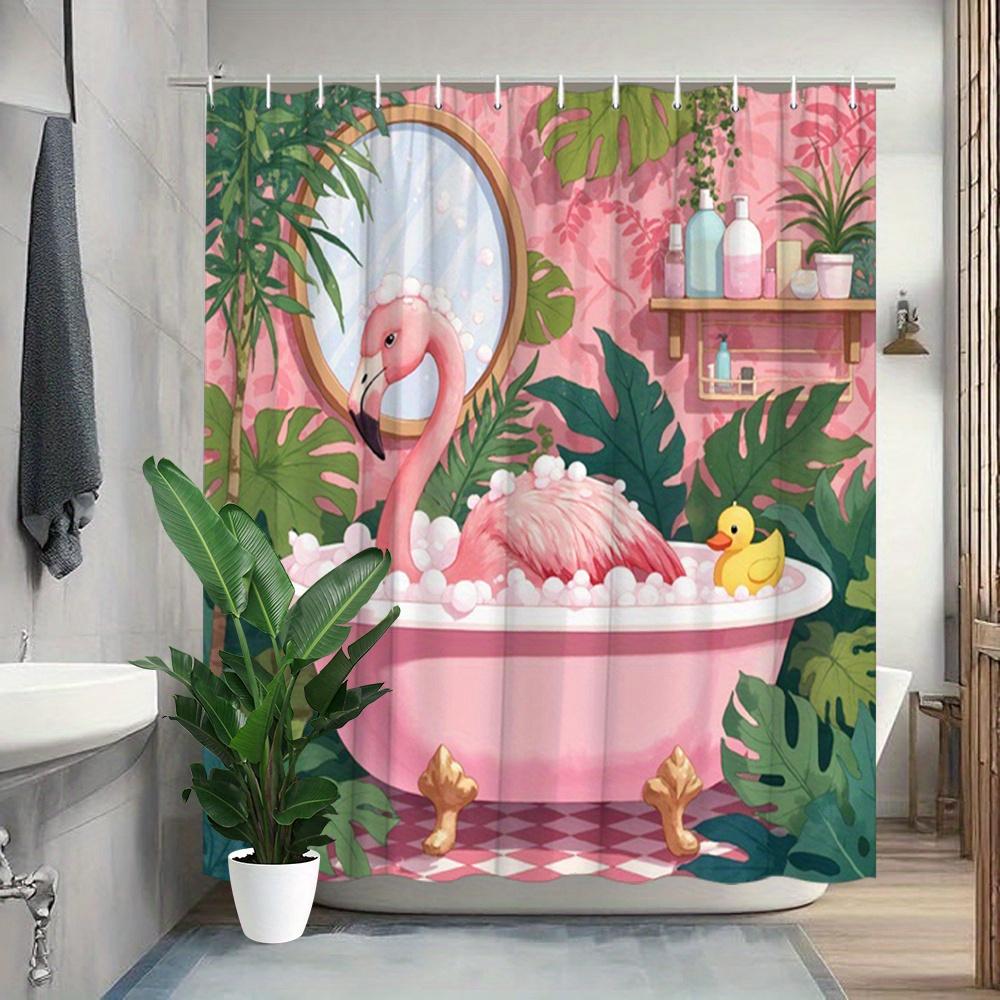 Pink Flamingo Bathtub Shower Curtain Machine Washable All Season Waterproof Privacy Protection Tropical Design Cute Quick Setup