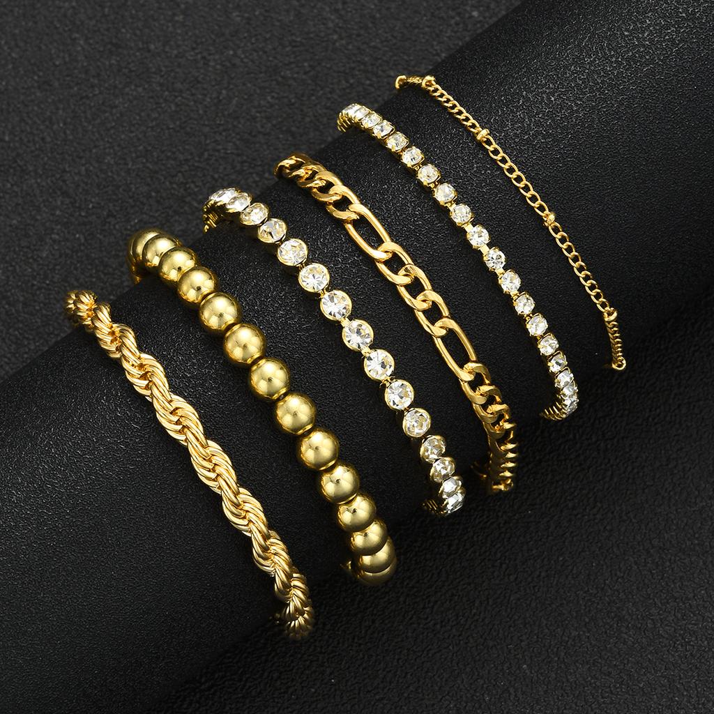 6pcs Vintage Punk Zircon Metal Chain Bracelet Set for Women Beaded Twist Design Multi-Layer Bracelets Daily Wear Jewelry Gifts