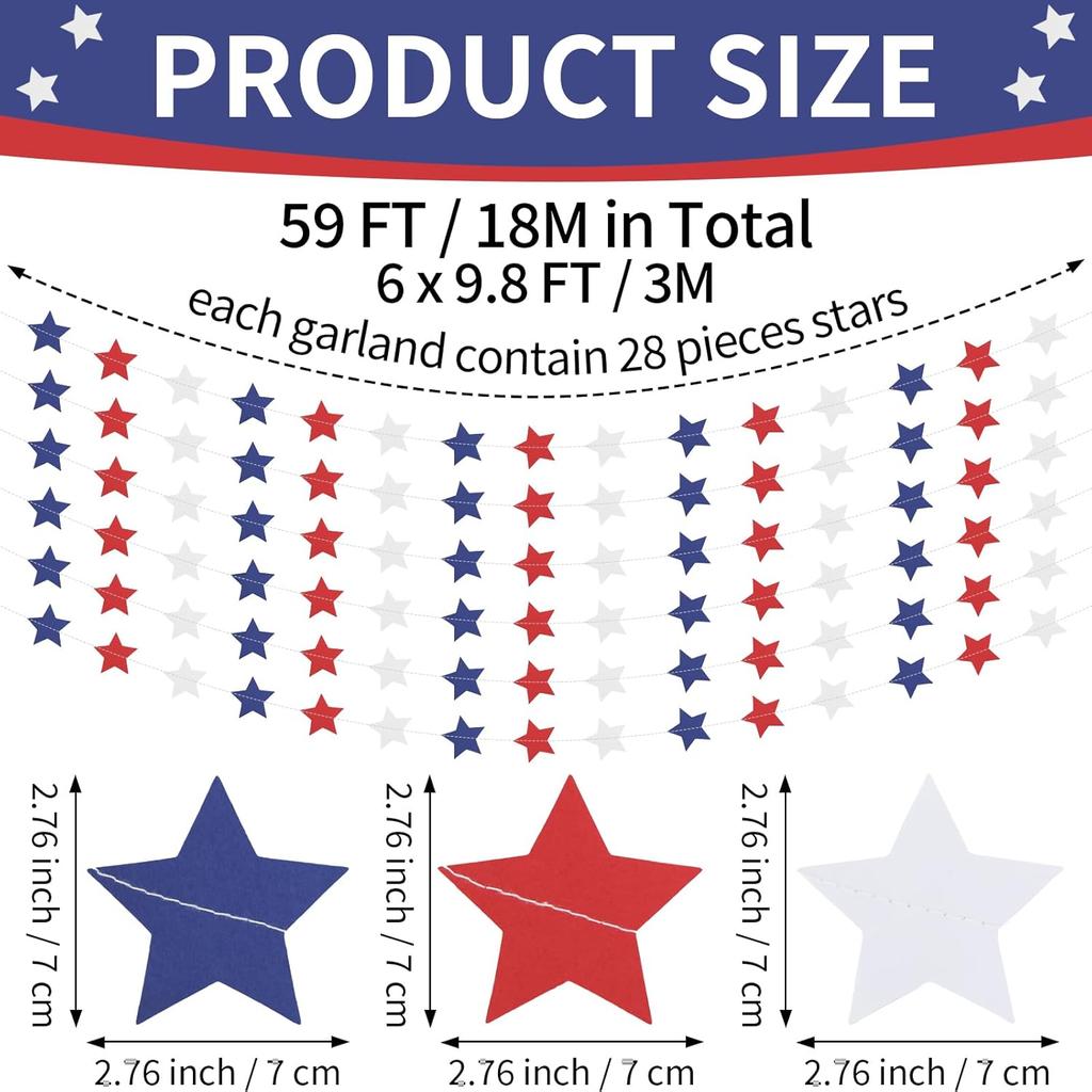 Patriotic Star Garland Banner Streamers Red White and Blue - 59 FT 6 Strands - Patriotic Decorations for 4th of July, Independence Day, Labor Day,
