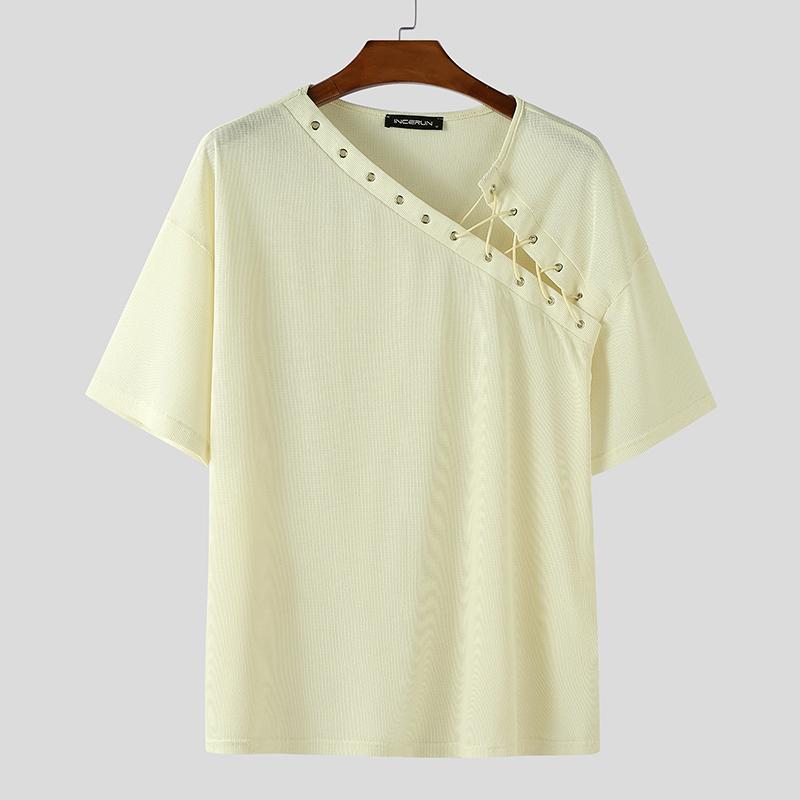 INCERUN Men Short Sleeve Bandage Texture Casual Loose T-shirts Tops