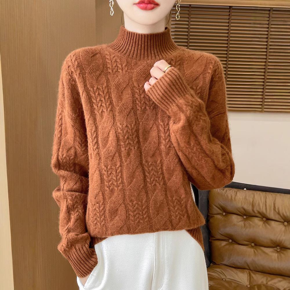 2024 Autumn/Winter Women's Wool Sweater: Thick Cable Knit, Half-High Neck, Versatile Base Layer