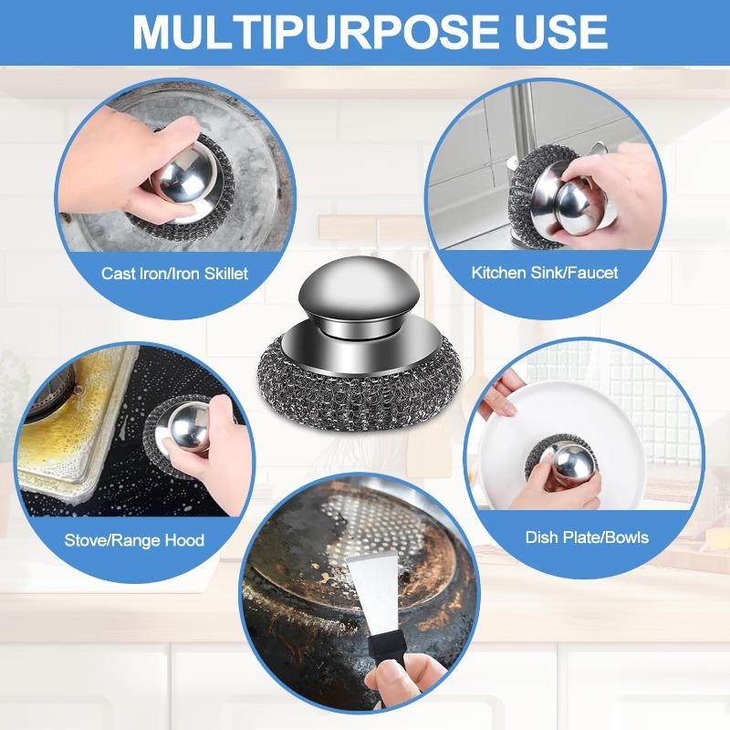 2Pcs Stainless Steel Scrubber with 4 Replacement Wire Pads, Stainless Steel Scourers with Handle for Cleaning Dishes, Stock Pots, Pans, Griddles,