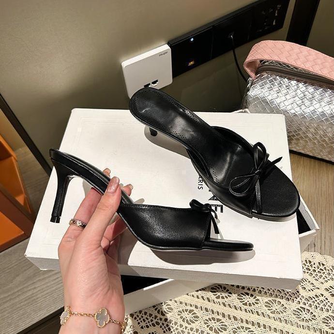 Summer Women's High Heels Sexy Pointed High Heeled Slippers Luxury Leather High Heels Slippers for Women Open-toed Mules Slides