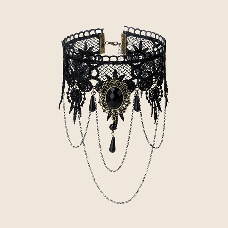 Adjustable Lace Choker Collar Gothic Necklace with Tassel Chain Crystal for Women Halloween Party Custume Vintage Choker