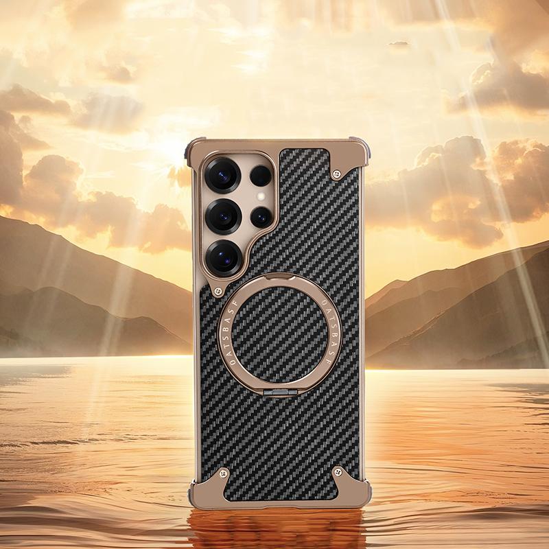 For Samsung Galaxy S25 Ultra Phone Cover Frameless Shockproof Carbon Fiber Aluminum Alloy Wireless Charge Magnetic Bracket Back Case
