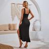 Women Summer Casual V-Neck Sleeveless Dress Solid Color A-Line High Waist Ruffle Hem Irregular Long Dresses Spring Fashion S-XL