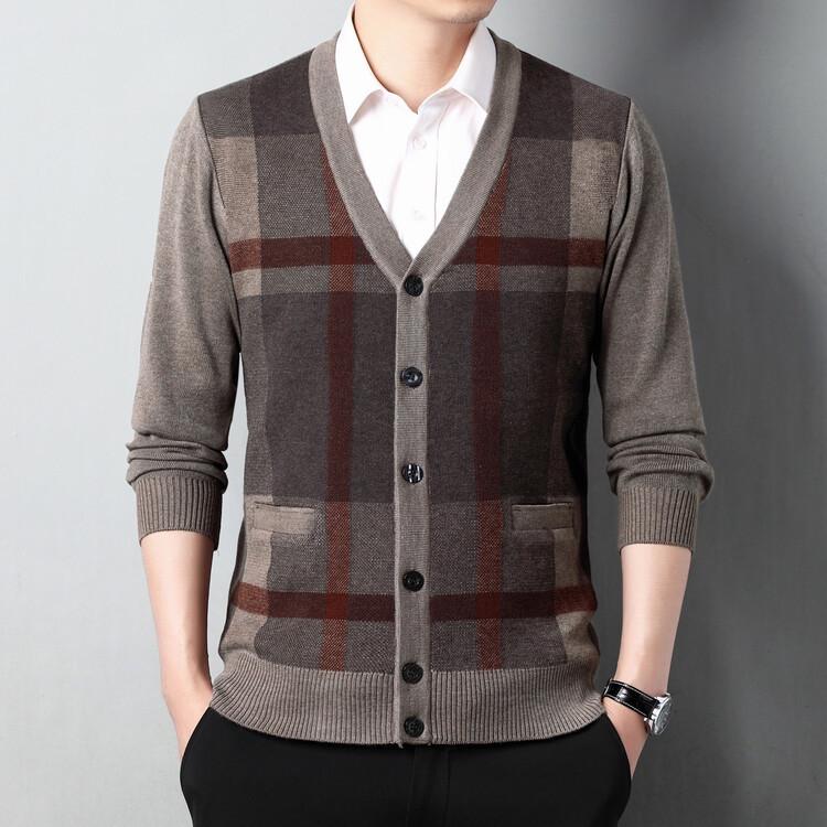 Men's Wool V-Neck Cardigan: Autumn & Winter Knit Long Sleeve Sweater - Thick, Warm, Business Style for Middle-Aged & Dad's Wear.