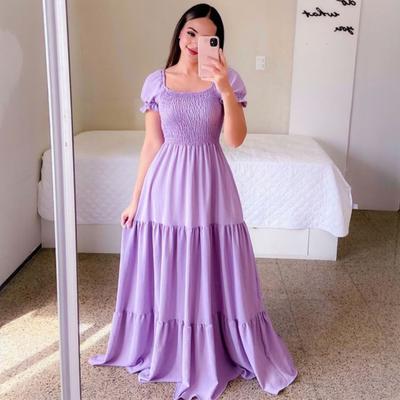 Damen-Maxikleid, quadratischer Ausschnitt, elastische Brust, plissiert, einfarbig, A-Linie, lockerer Patchwork-Saum, kurze Ärmel, plissiert, bodenlang, schulterfreies Abendkleid