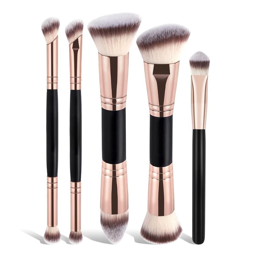 5PCS/Set Dual-Ended Foundation Brush Angled/Rounded Beauty Blending Loose Powder Brush Soft Bristles Contour Makeup Brush