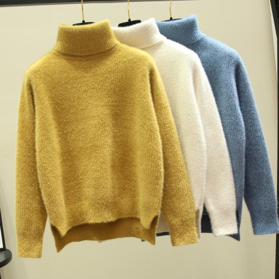 Women Knitting Sweater Turtleneck Long Tops Side Sleeve Thickened Knitting Split Hem Imitation Mink Pullover Sweater