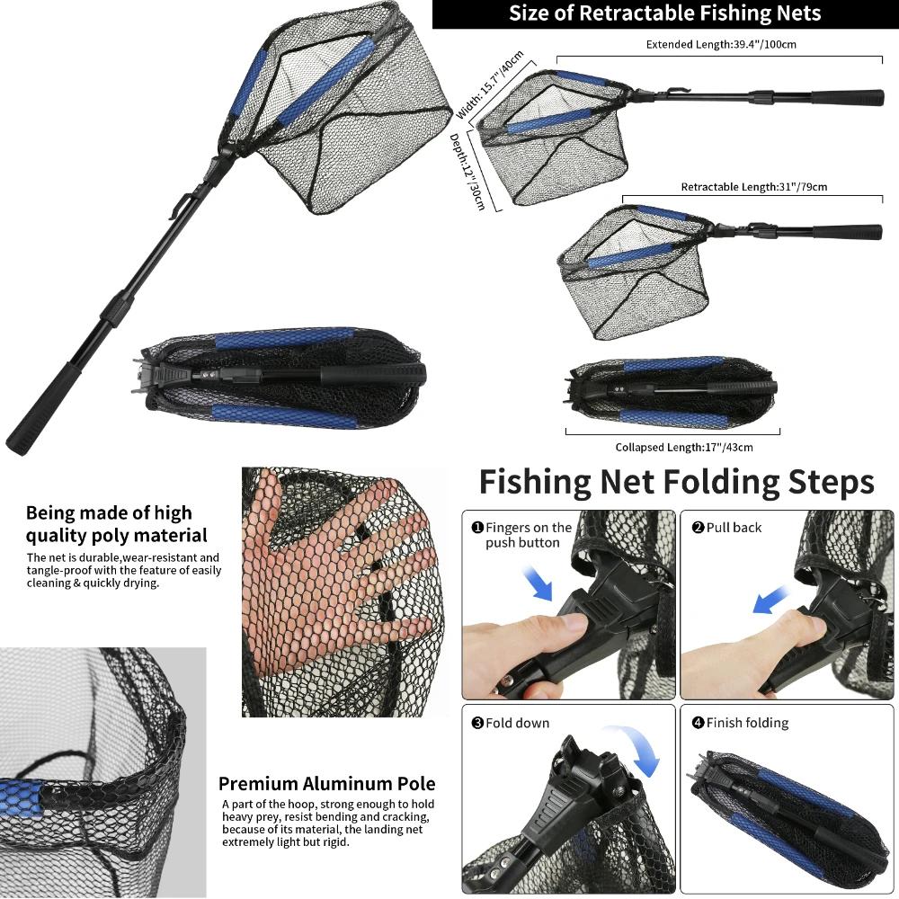 Folding Triangle Fishing Landing Net Telescopic Collapsible Extensible Handle Fishing Hand Net For Fish Carp Trout Catch Release
