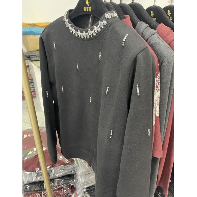 

Fashionable Star Style! Women Stand Collar Handmade Rhinestone Waffle Stretch Cotton Pullover Hoodie Spring and Autumn Winter Coat Zip-up Black 2XL