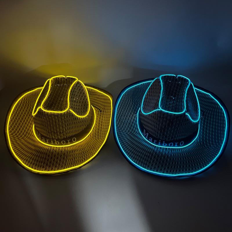 LED Luminous Cowboy Hat - Western Style for Men & Women, Large Brim Straw Sun Hat for Summer and Outdoor Performances