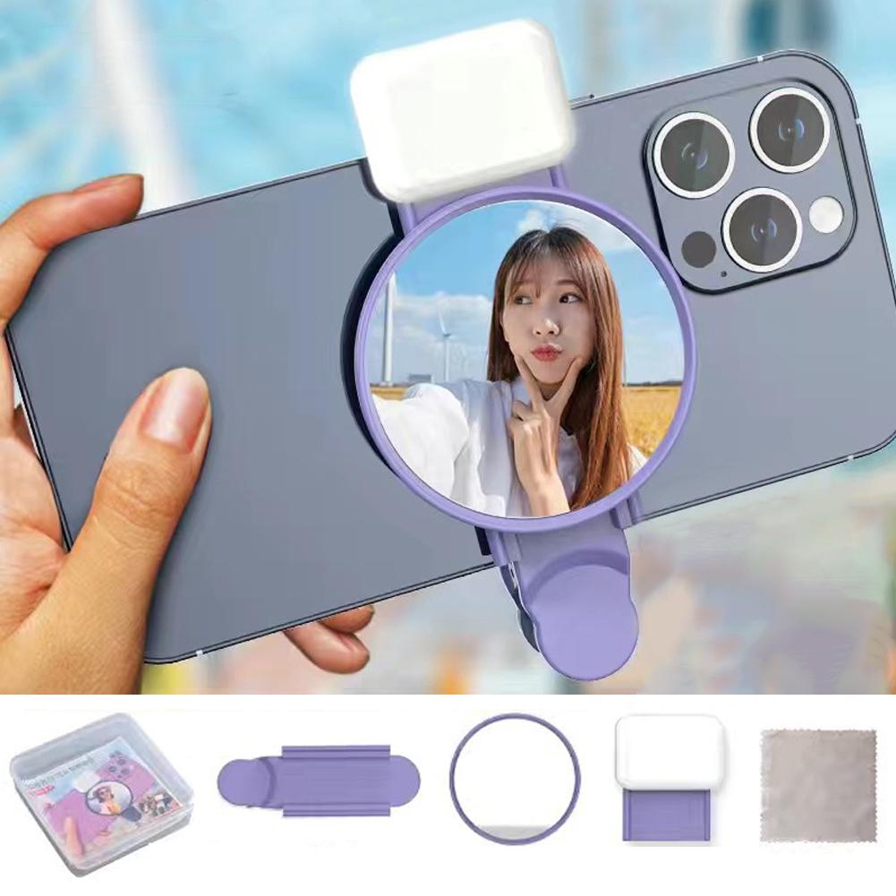Universal Phone Camera Ring Mirror with Light Rear Camera Selfie Reflector Clip-on Makeup Light with Storage Pouch HD Reflection