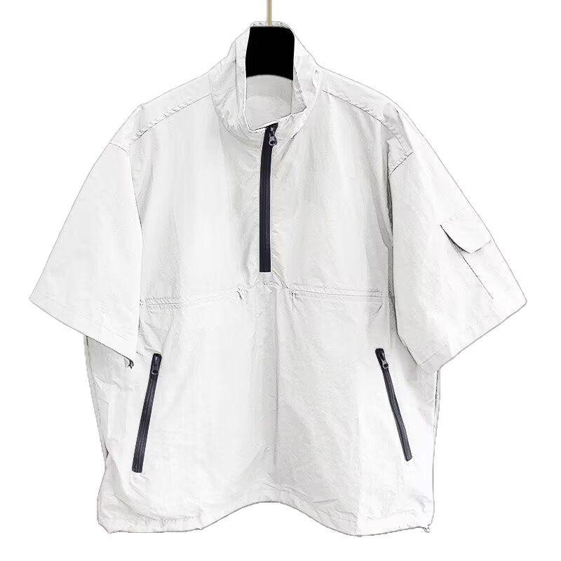 Solid Color Tooling Stand-up Collar Jacket Men's Korean Version Trendy Versatile Handsome Loose Semi-zipper Design Short Sleeves
