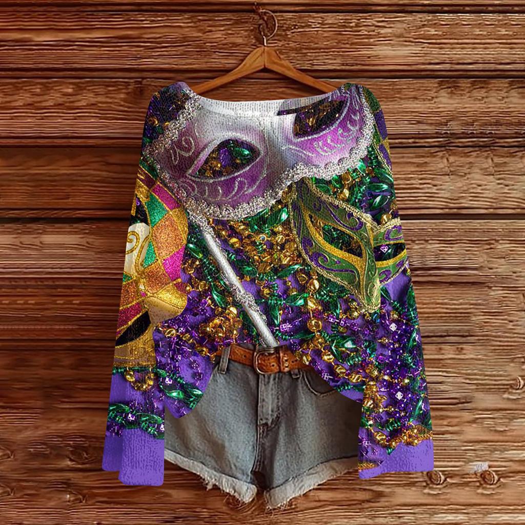 Women's Fashion Round Neck Long Sleeve Print Casual Pullover Sweater Top