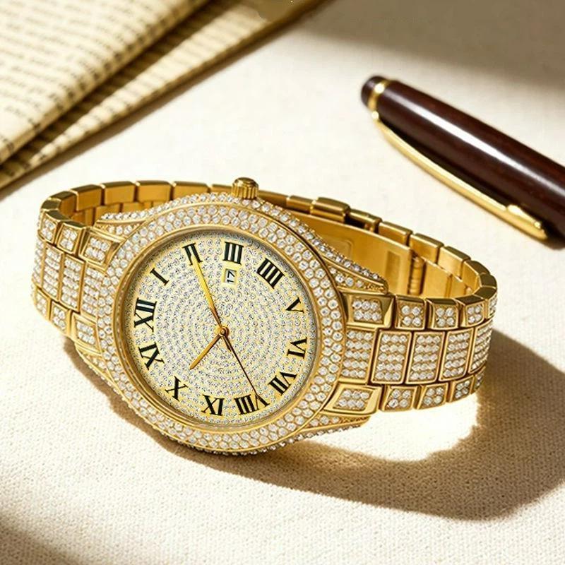 Full Diamond Men Quartz Watch Roman Numerals Date Function Bling Zinc Alloy Bracelet Iced Out Hip Hop Luxury Wristwatch