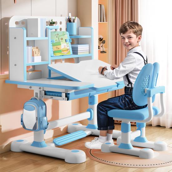 Scrivania e Sedia per Bambini Set, Set per Bambini Regolabile in Altezza con Libreria Cassetto Portaoggetti, Tavolo con Piano Inclinabile a 50 Gradi per Camera da Letto Bambini