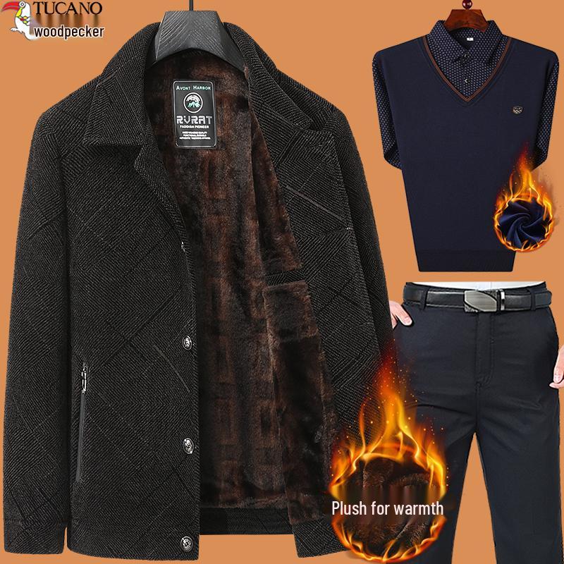 Woodpecker Dad Winter Coat Set: Warm Fleece-Lined Jacket for Middle-Aged and Elderly Men