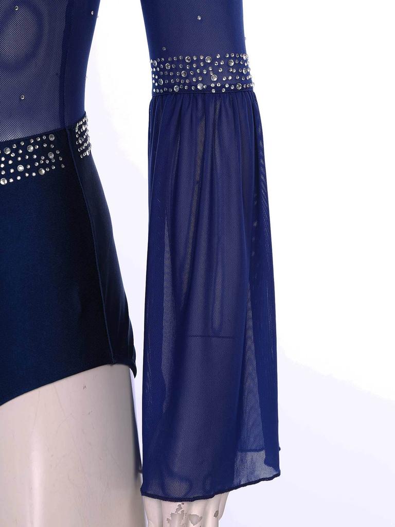 Women's Sheer Mesh Leotard Mock Neck Flare Sleeve Backless with Sparkly Rhinestones Dancewear